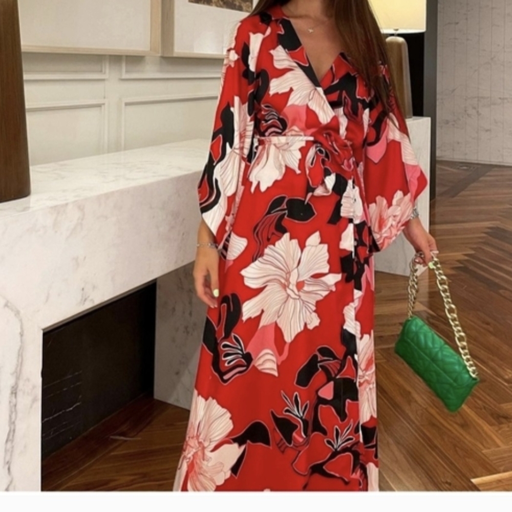 Zara Red Floral Long Sleeve Dress